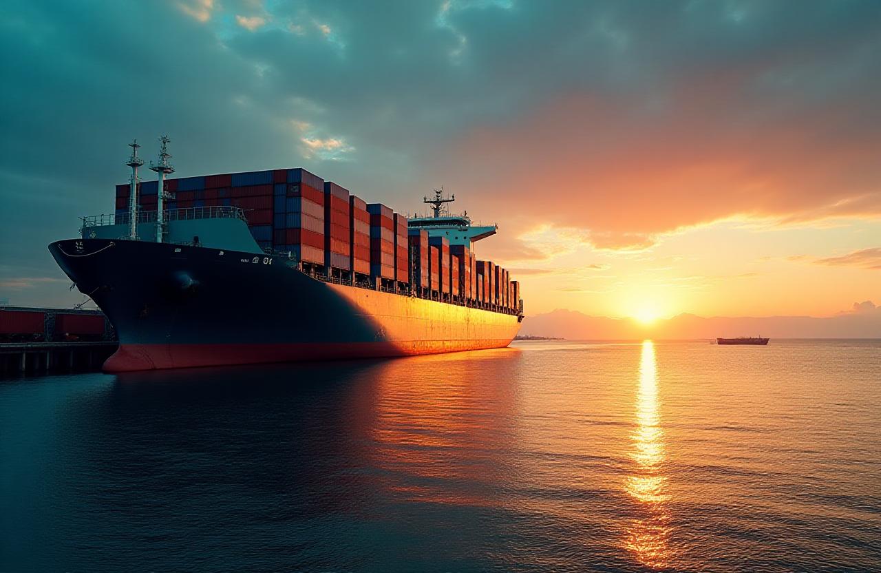 Modern logistics cargo ship and freight trucks at sunset