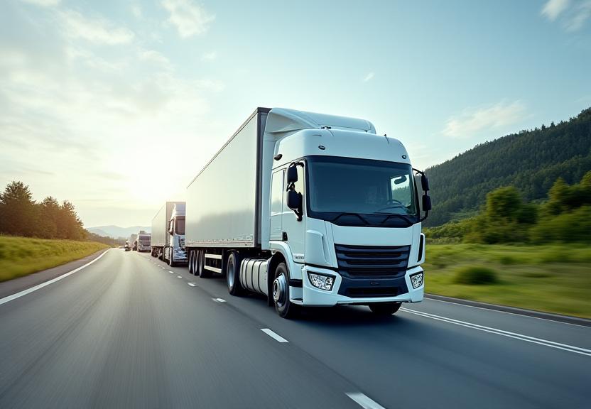 Modern logistics fleet of trucks on a highway